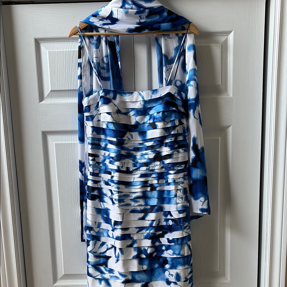 JS Collections Blue and White layered fitted dress with stole/scarf EUC